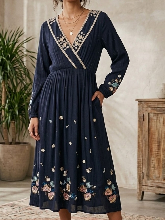 Free People Dresses & Skirts - Free People Navy Embroidered Wrap Midi Dress